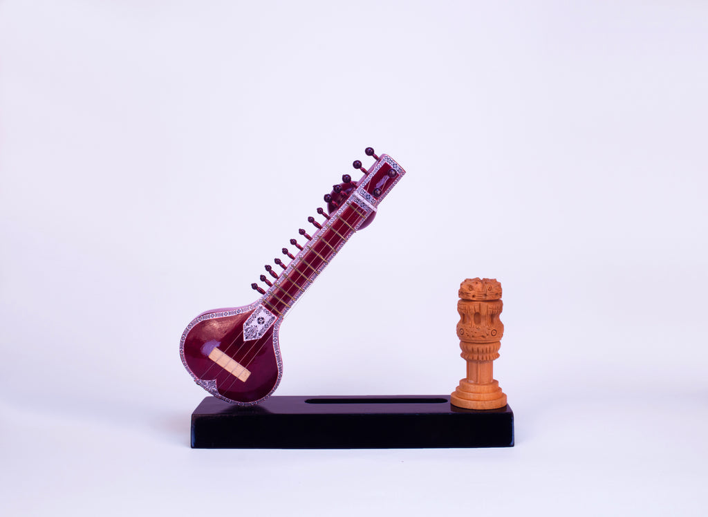 Sitar-Themed Card Holder - Wooden Miniature Musical Instrument Handicraft