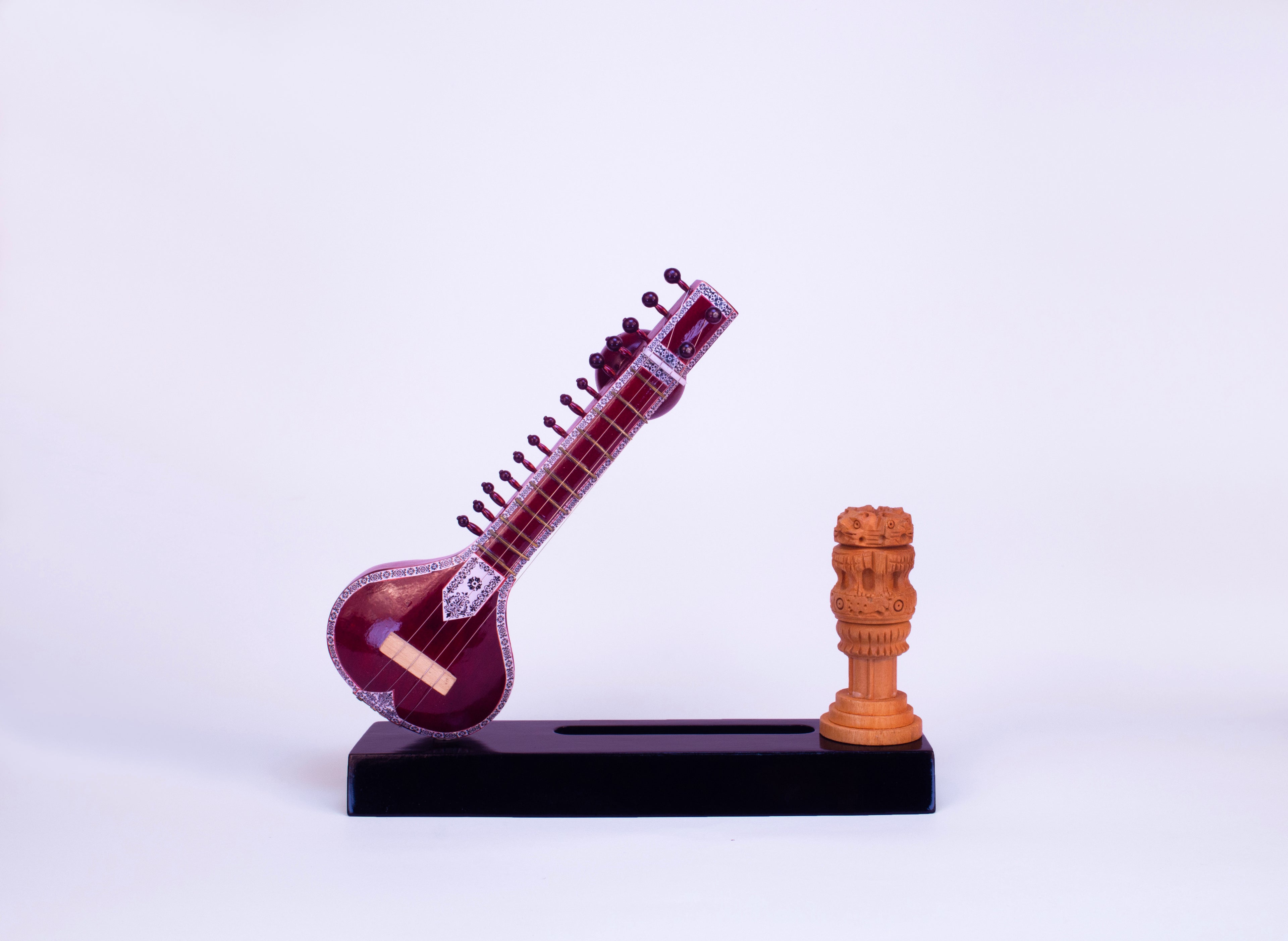 Sitar-Themed Card Holder - Wooden Miniature Musical Instrument Handicraft