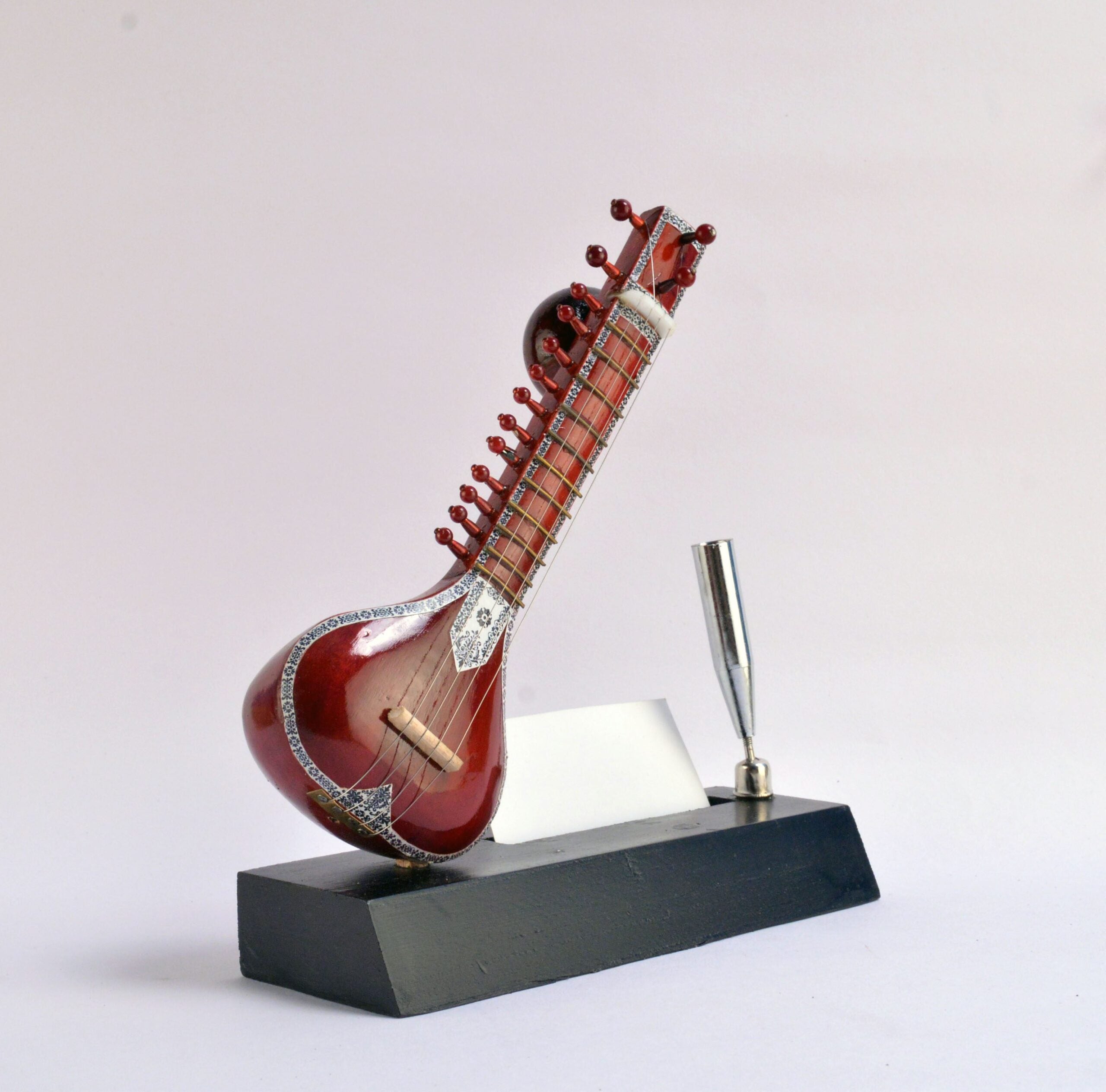Sitar-Themed Pen Stand - Decorative Wooden Miniature Instrument