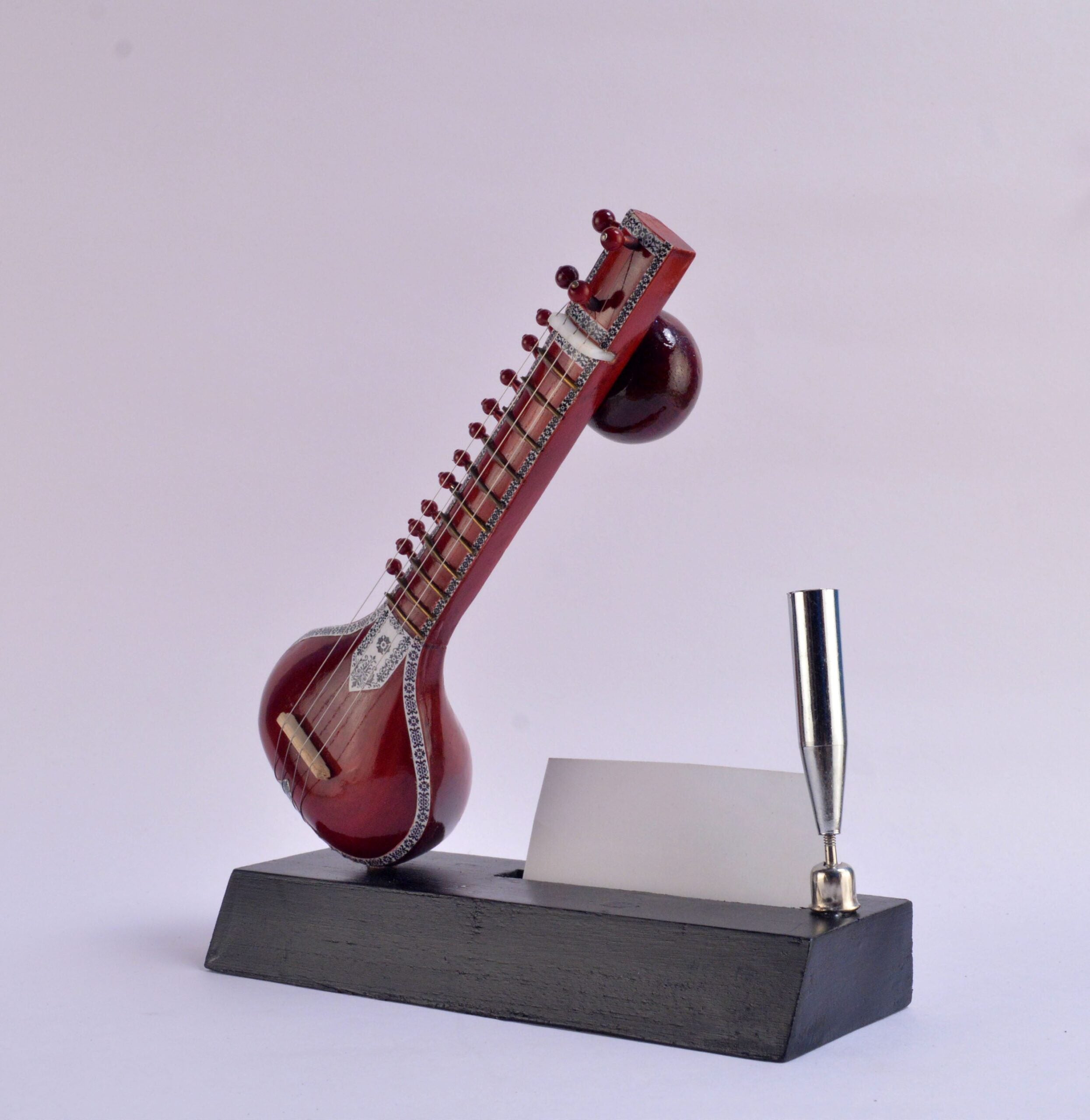 Sitar-Themed Pen Stand - Decorative Wooden Miniature Instrument