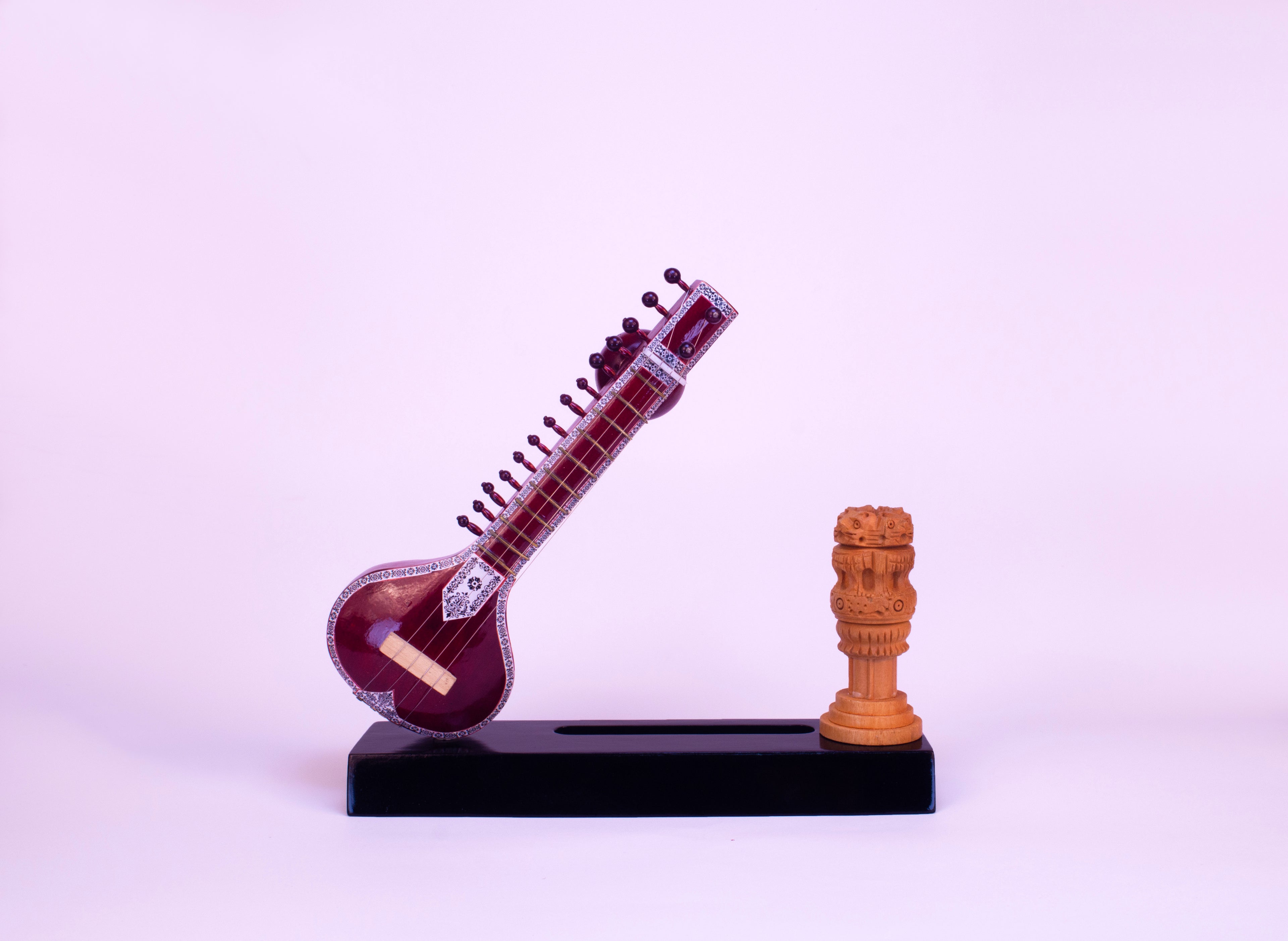 Sitar-Themed Card Holder - Wooden Miniature Musical Instrument Handicraft