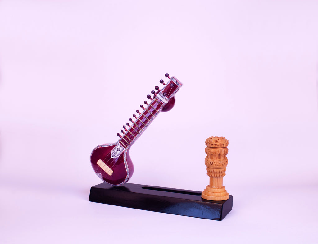 Sitar-Themed Card Holder - Wooden Miniature Musical Instrument Handicraft