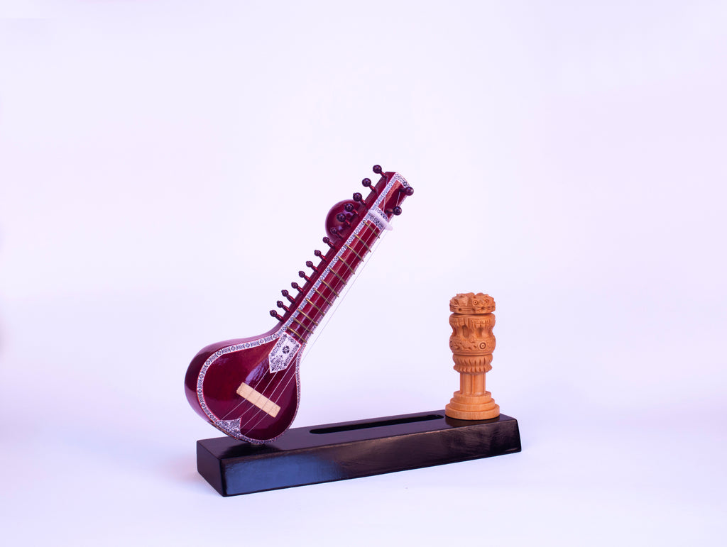 Sitar-Themed Card Holder - Wooden Miniature Musical Instrument Handicraft