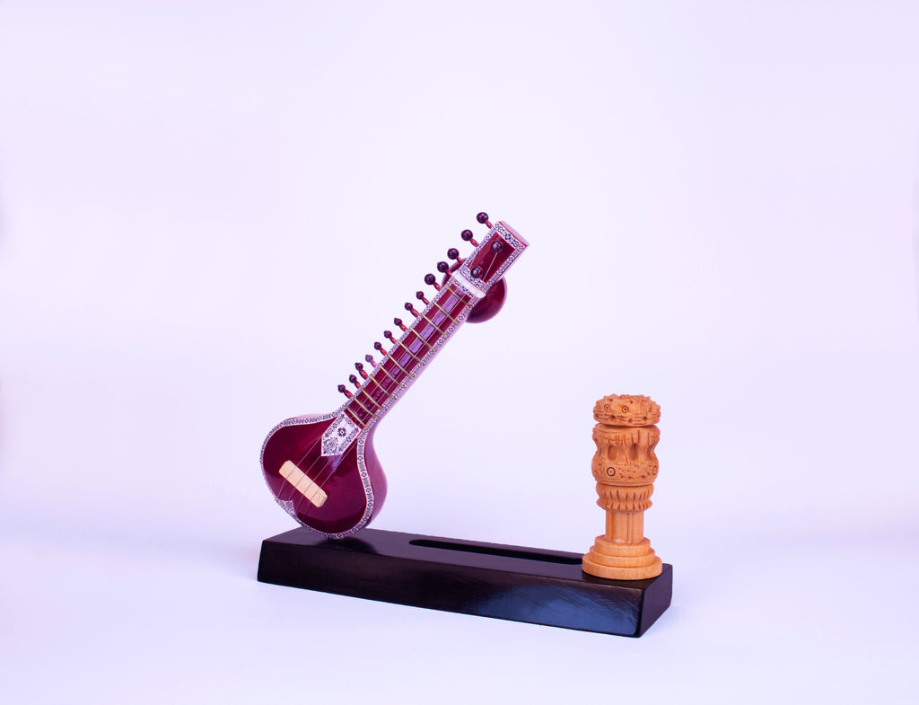 Sitar-Themed Card Holder - Wooden Miniature Musical Instrument Handicraft